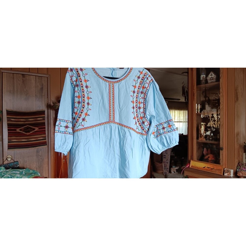 Hippie Boho Cotton Blouse Denim Blue Embroidery Size XL Baby Doll Style